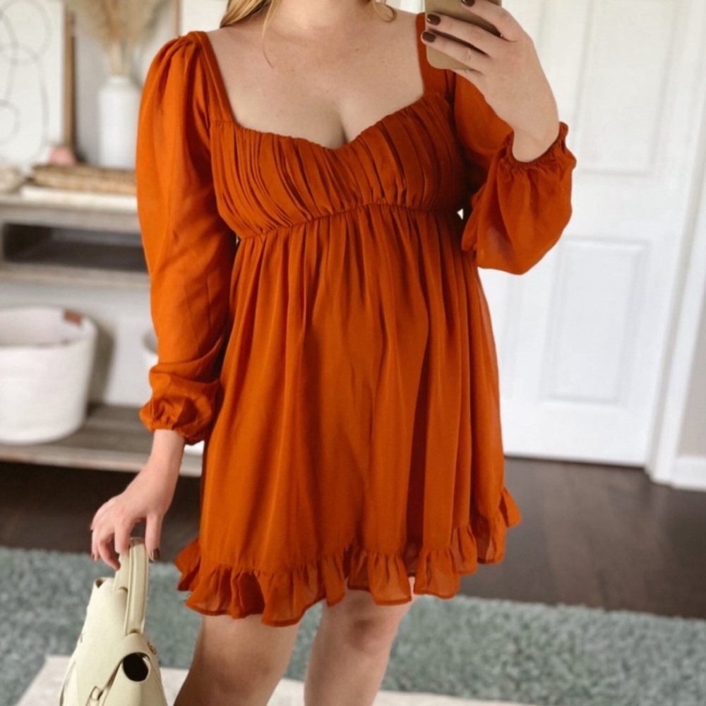 Abercrombie & Fitch Sheer Long-Sleeve Babydoll Dress Rust L